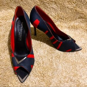 Bottega Veneta black & red striped satin peep toe heels size 37.5 / 6.5